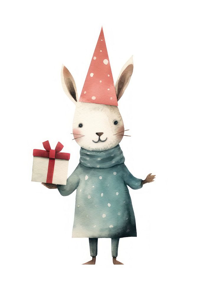 Rabbit holding present cute hat white background. AI generated Image by rawpixel.