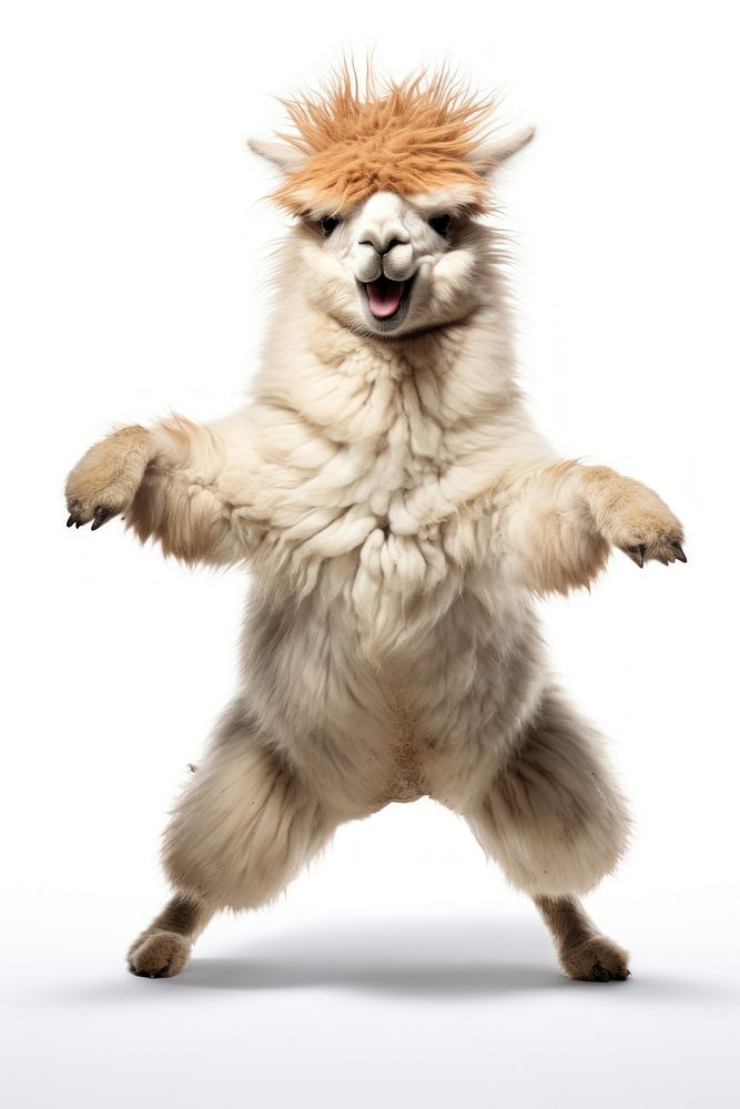 Happy smiling dancing alpaca mammal animal white background. AI generated Image by rawpixel.