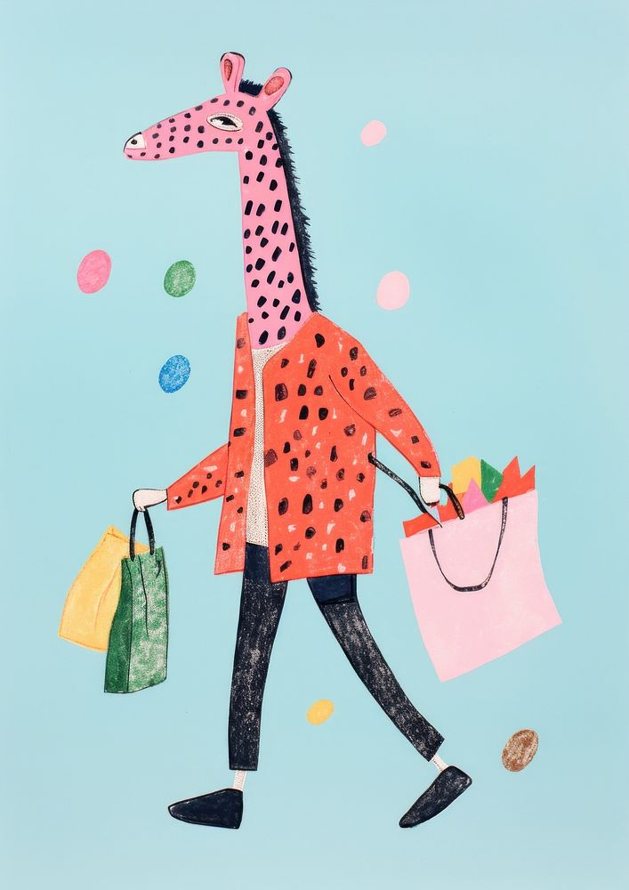 Shopping giraffe, animal paper craft illustration