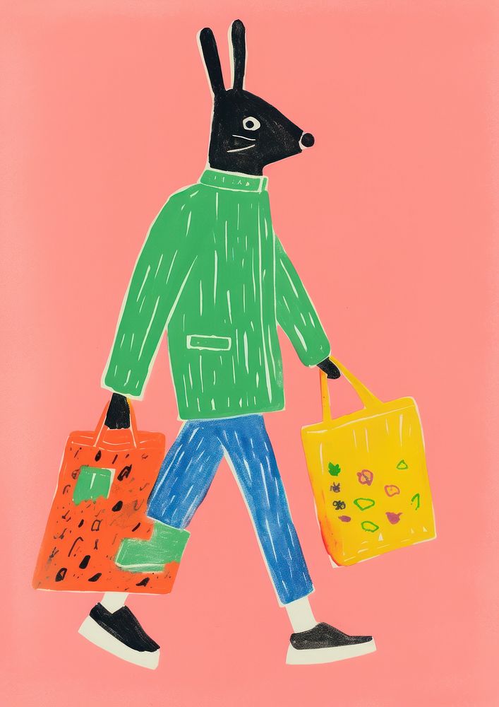 Shopping rabbit, animal paper craft illustration