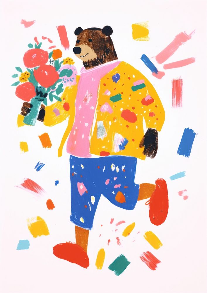 Flower bear, animal paper craft illustration