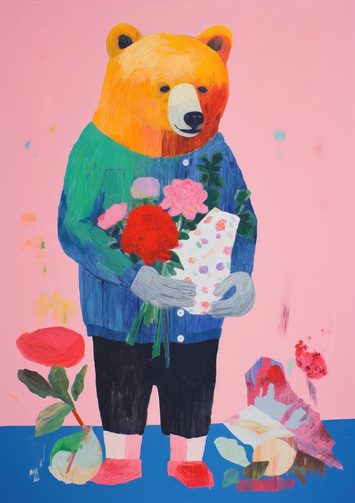 Flower bear, animal paper craft illustration