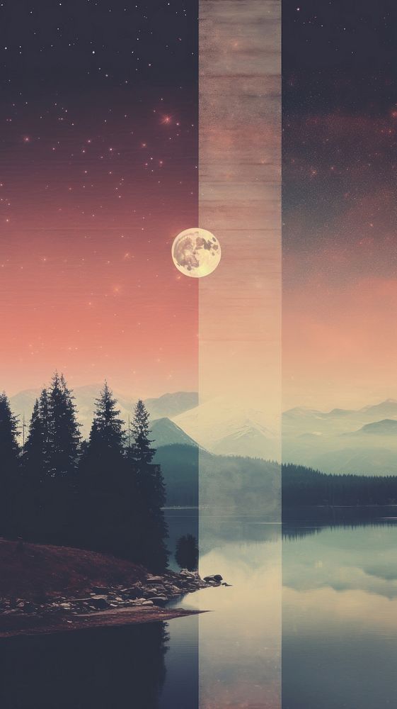 Retro dreamy lake landscape astronomy outdoors. AI generated Image by rawpixel.