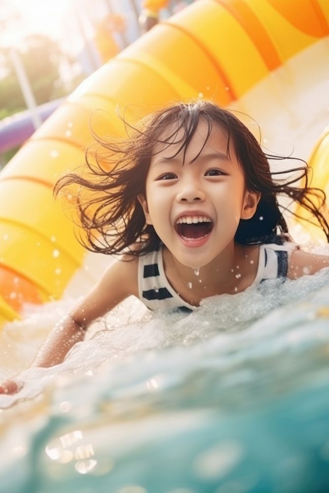 Young Asian girl recreation swimming laughing. 