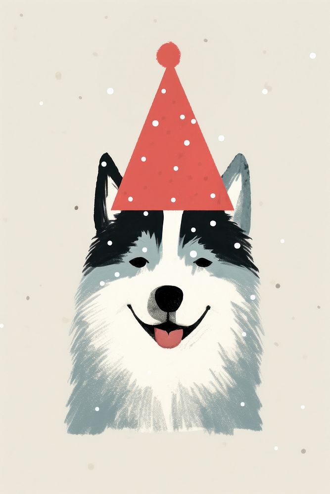 Happy siberian husky dog celebrating Christmas wearing Santa hat christmas drawing winter. AI generated Image by rawpixel.