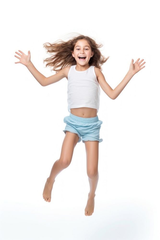 A young girl jumping happily shouting shorts child. AI generated Image by rawpixel.