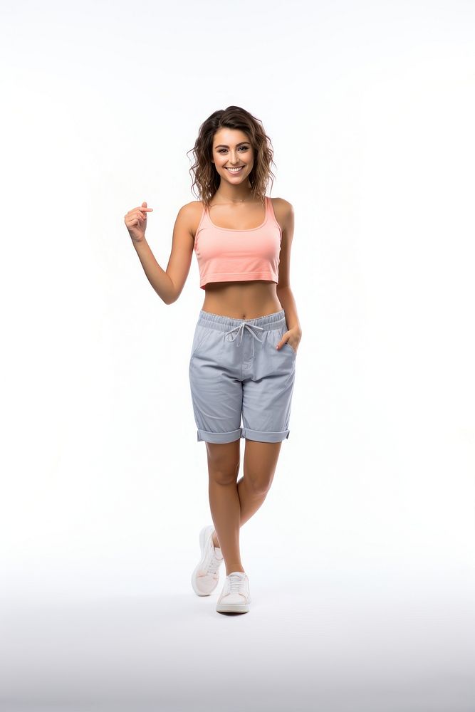 Happy woman shorts finger white background. AI generated Image by rawpixel.
