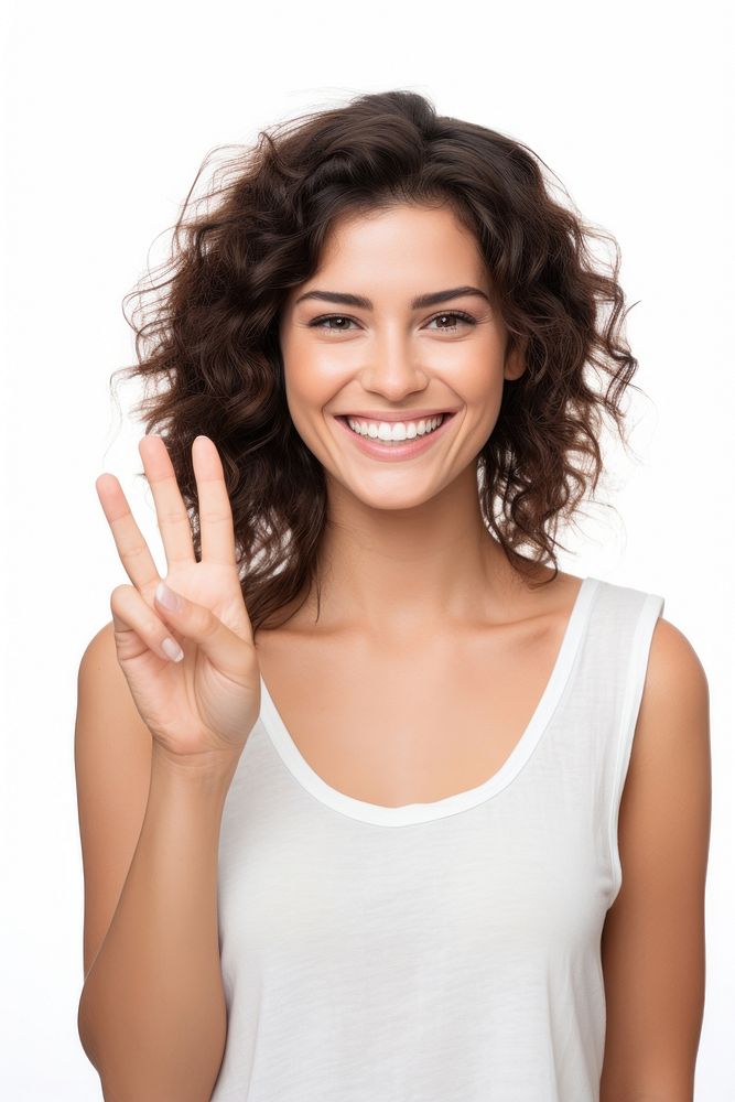 Happy Woman showing three fingers portrait adult smile. AI generated Image by rawpixel.