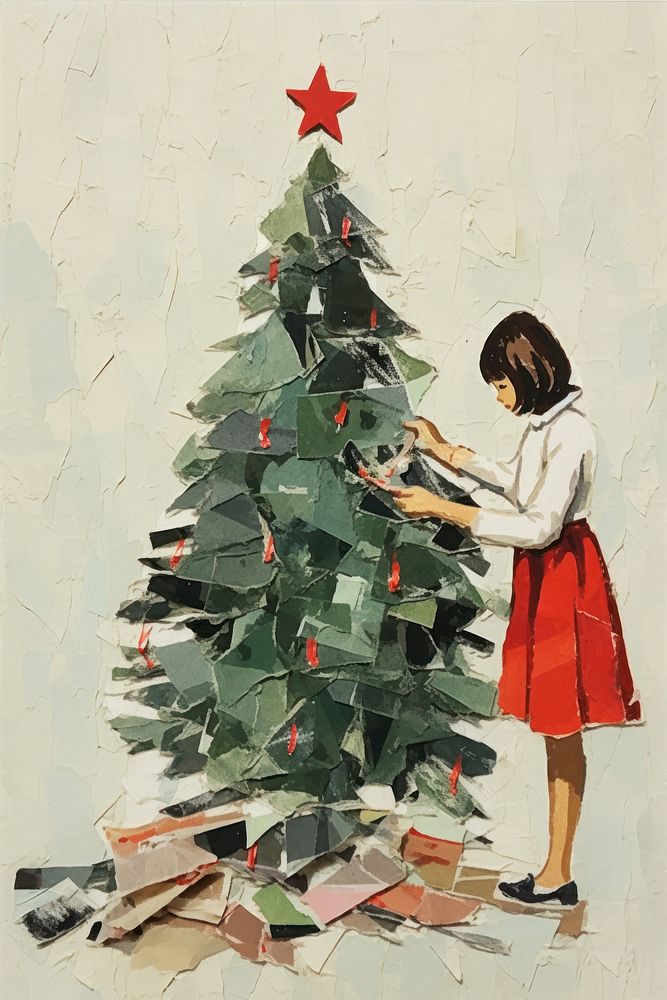 A girl decorating a christmas tree footwear paper adult. AI generated Image by rawpixel.