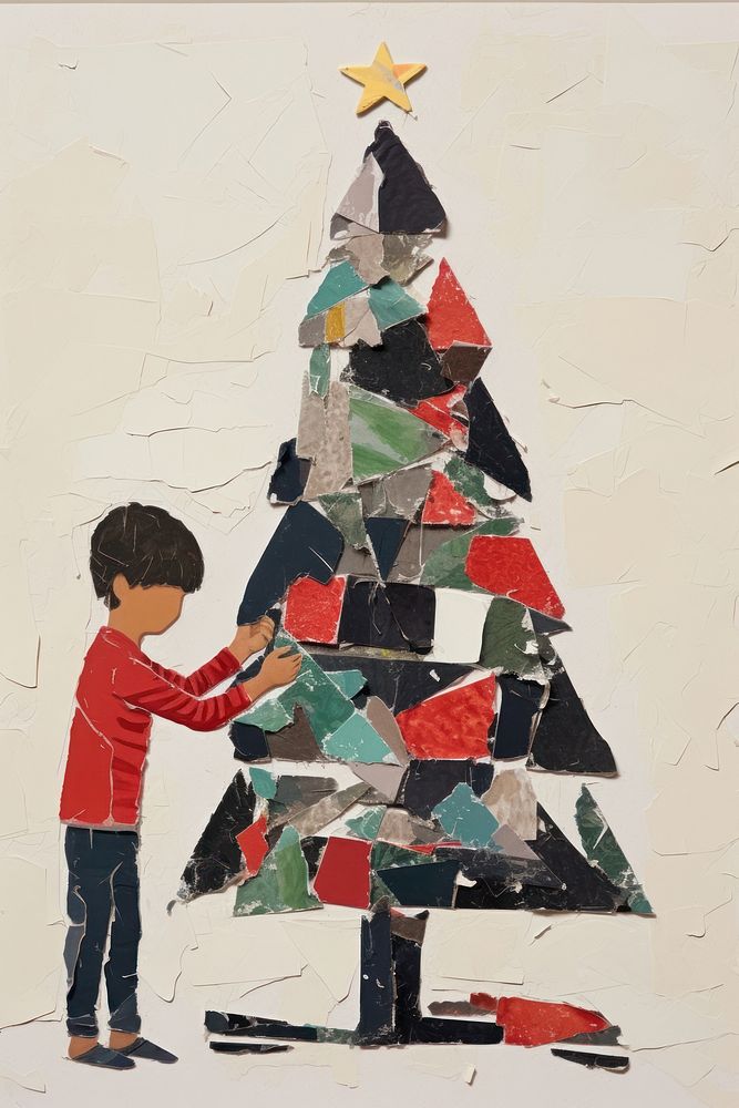 A boy decorating a christmas tree art child anticipation. AI generated Image by rawpixel.