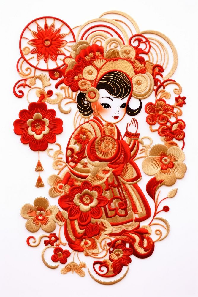 Girl red clothes embroidery pattern art. 