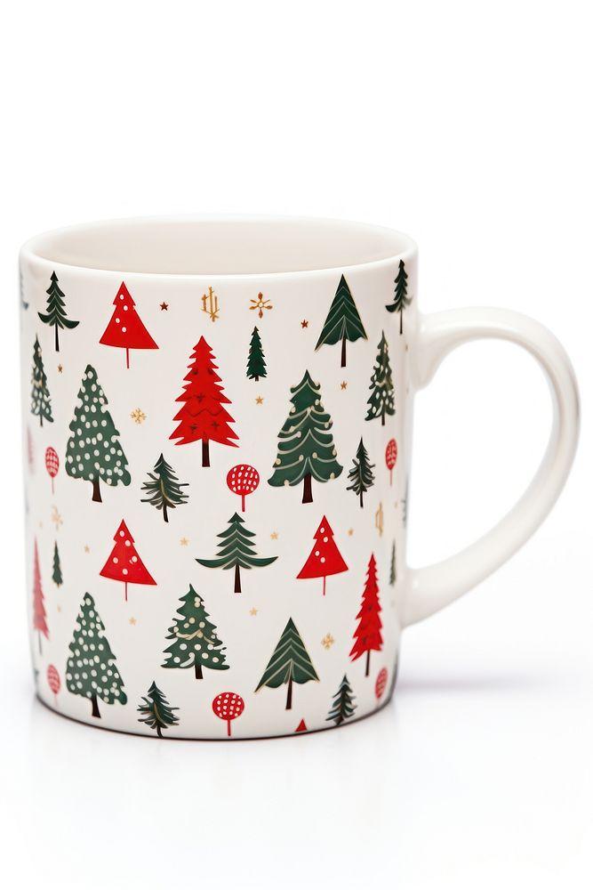 A christmas tree pattern ceramic mug cup white background celebration. AI generated Image by rawpixel.