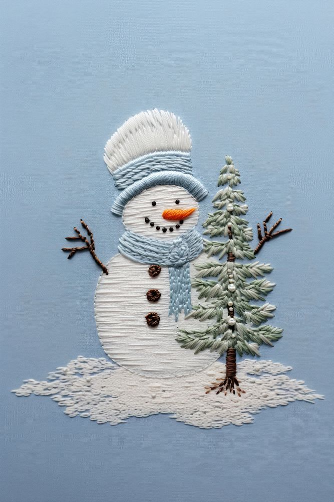 A snowman tree embroidery winter nature anthropomorphic. AI generated Image by rawpixel.