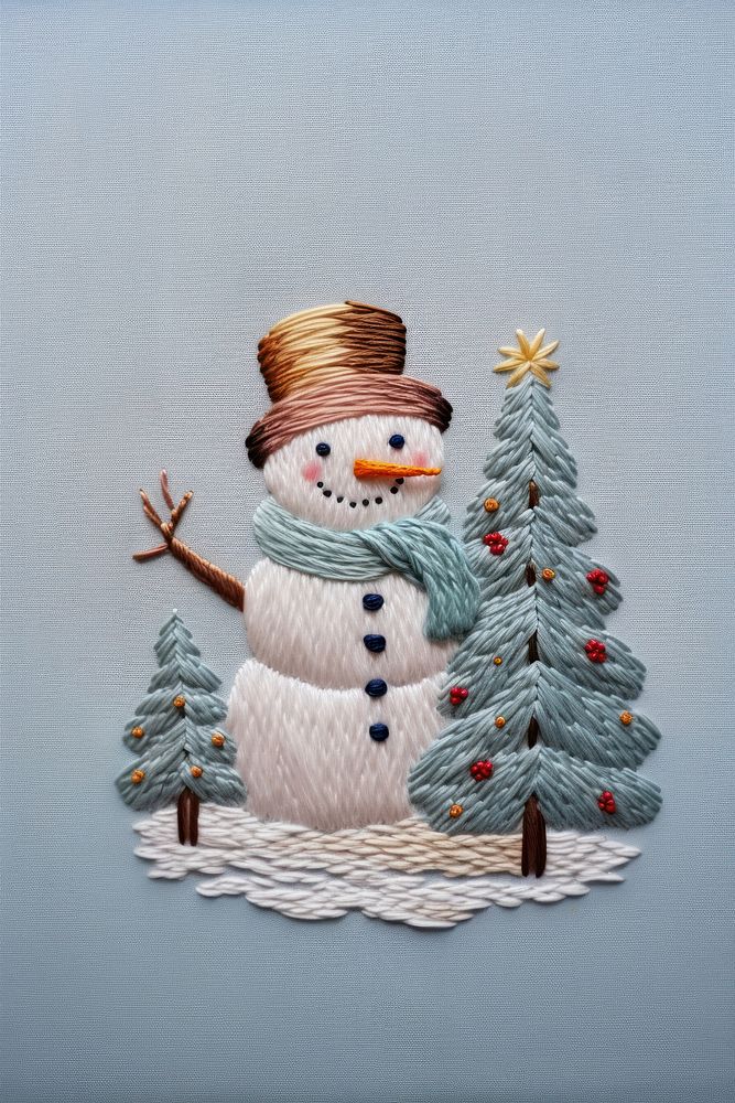 Snowman tree embroidery christmas winter nature. AI generated Image by rawpixel.