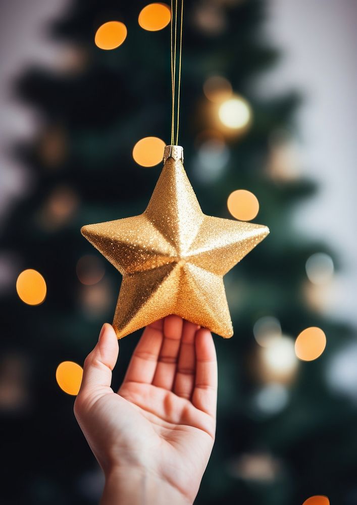Christmas gold star ornament holding tree hand. AI generated Image by rawpixel.