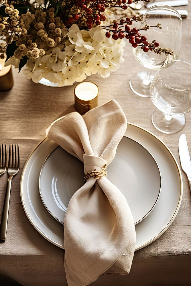 Christmas table decorations napkin plate centrepiece. AI generated Image by rawpixel.