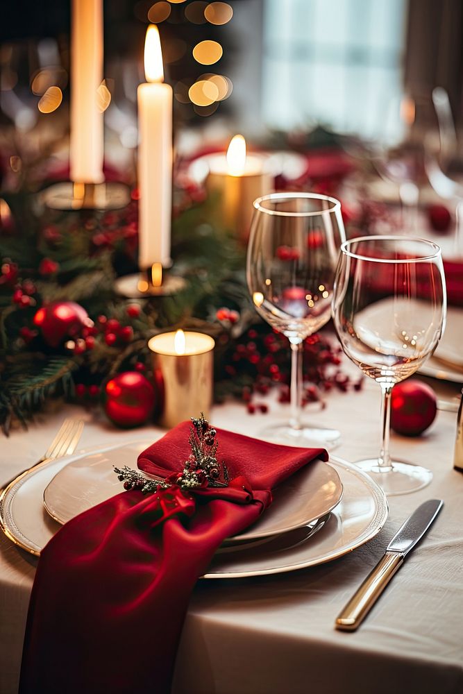 Christmas table decorations candle napkin glass. AI generated Image by rawpixel.