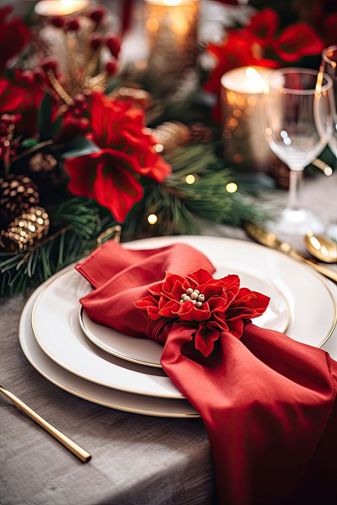 Christmas table decorations napkin candle flower. AI generated Image by rawpixel.