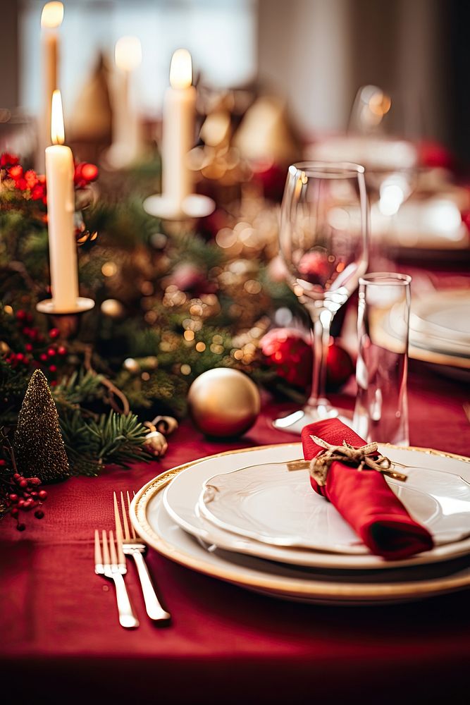 Christmas table decorations napkin candle plate. AI generated Image by rawpixel.