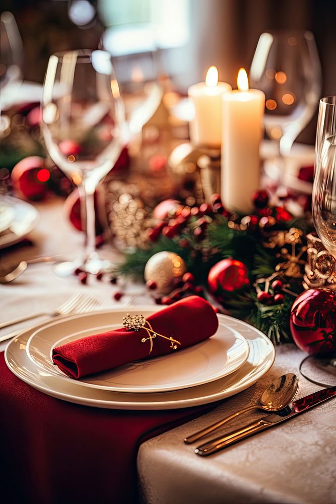 Christmas table decorations candle napkin plate. AI generated Image by rawpixel.