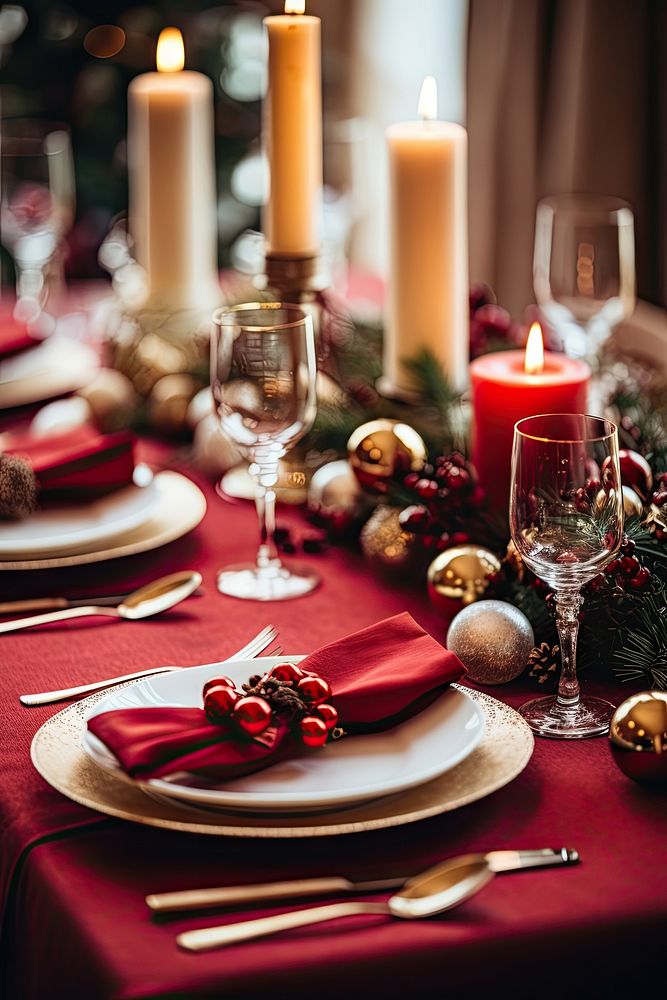 Christmas table decorations furniture candle napkin. AI generated Image by rawpixel.