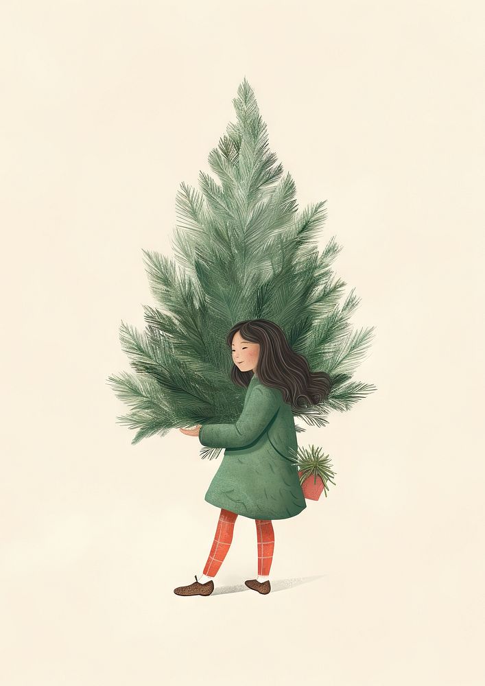Lady carrying a tiny christmas tree drawing plant celebration. AI generated Image by rawpixel.