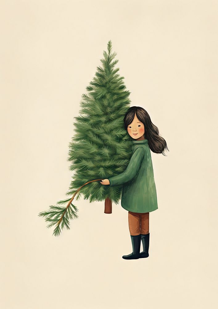 Lady carrying a tiny christmas tree drawing plant representation. AI generated Image by rawpixel.