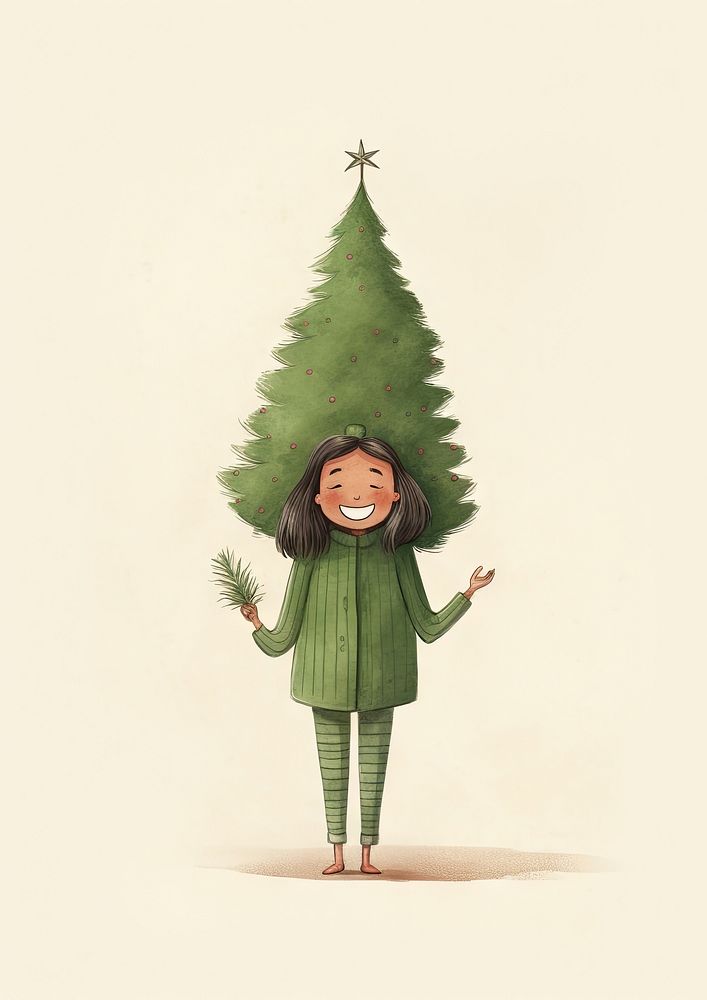 Lady carrying a tiny christmas tree drawing plant cute. AI generated Image by rawpixel.