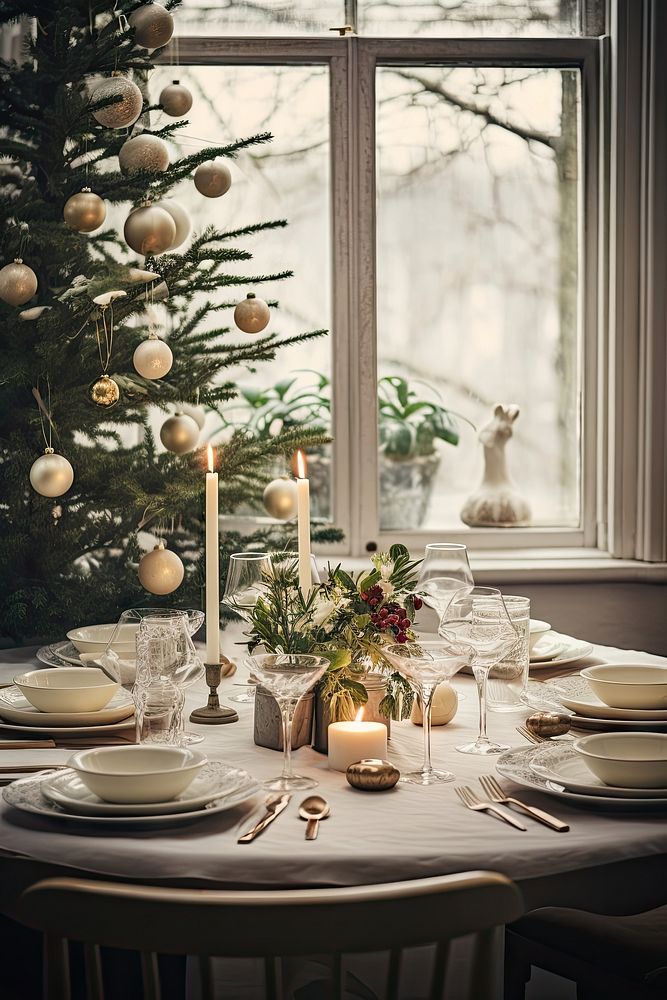 Christmas dinning table furniture candle window. AI generated Image by rawpixel.