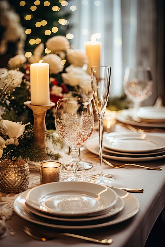 Christmas table decorations furniture candle plate. AI generated Image by rawpixel.