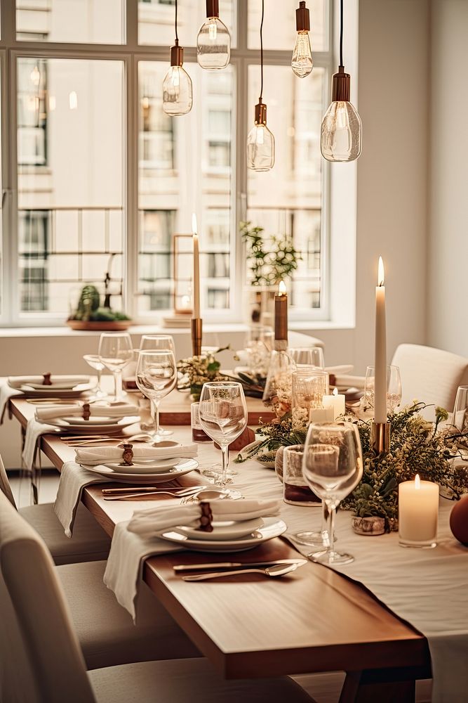Christmas dinning table architecture furniture candle. AI generated Image by rawpixel.