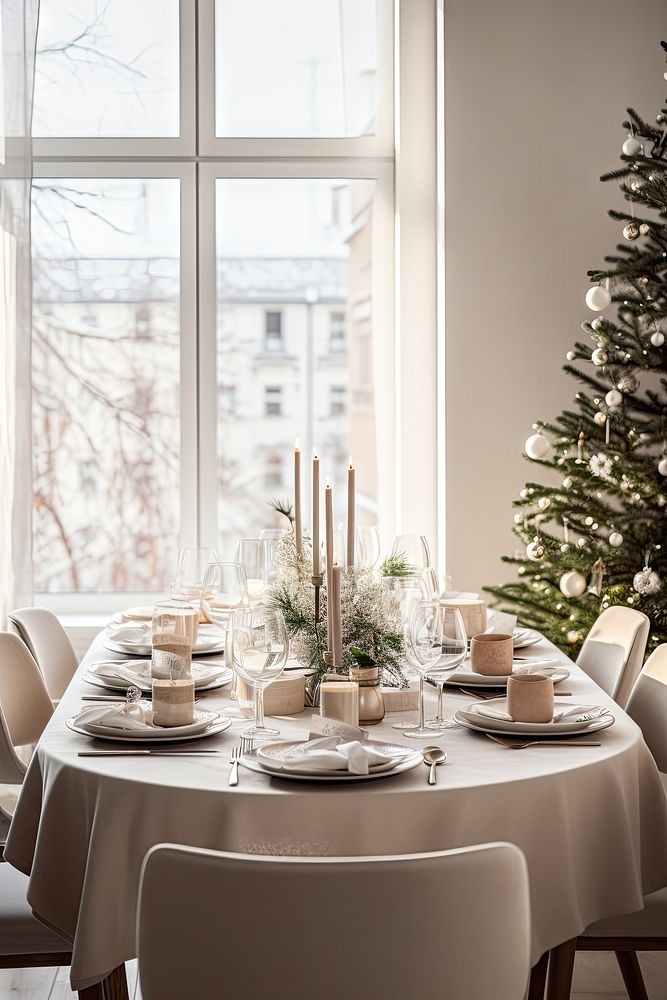 Christmas dinning table architecture furniture chair. AI generated Image by rawpixel.