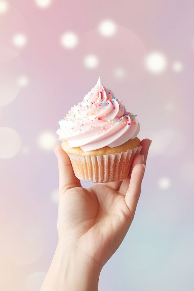 Hand holding birthday cupcake dessert icing food. AI generated Image by rawpixel.