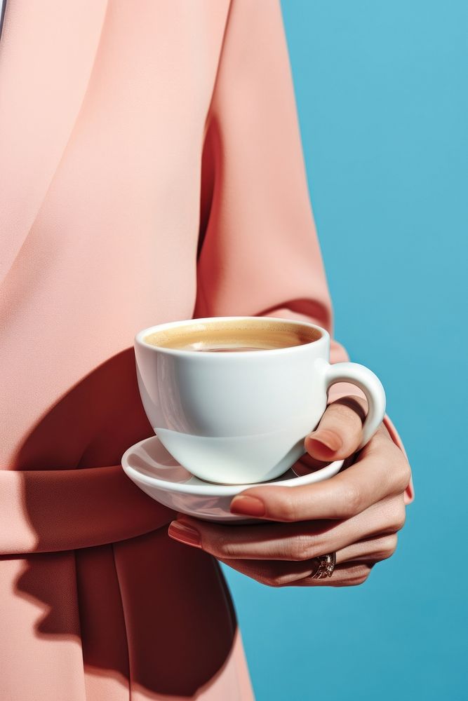 Hand holding coffee saucer drink cup. 