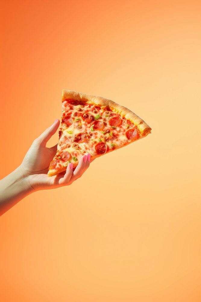Hand holding a pizza slice food advertisement pepperoni. AI generated Image by rawpixel.