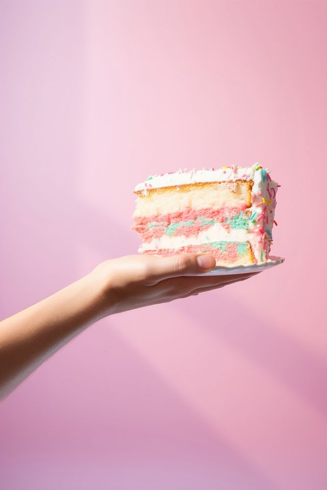 Hand holding birthday cake slice dessert food confectionery. AI generated Image by rawpixel.