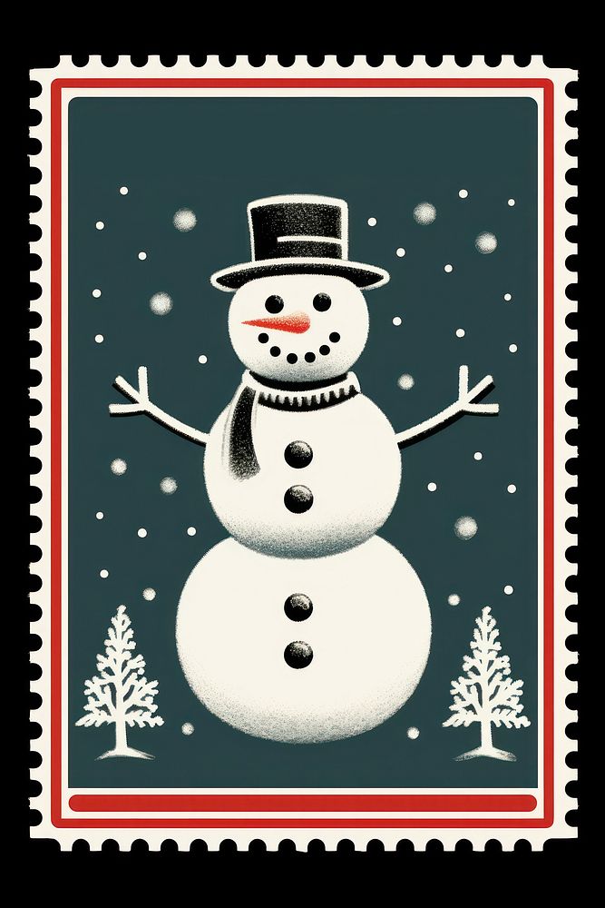 Christmas postal stamp snowman white representation. AI generated Image by rawpixel.