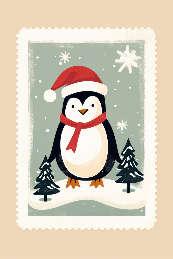 Christmas postal stamp christmas penguin snowman. AI generated Image by rawpixel.
