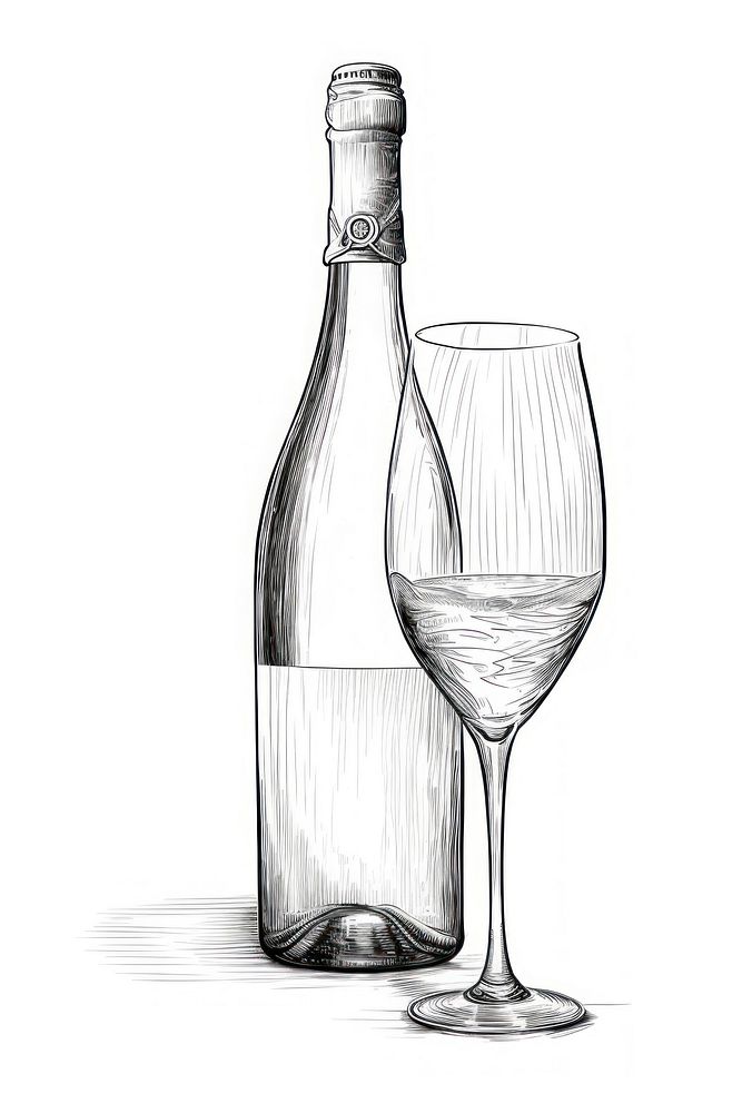 Minimal champagne bottle sketch drawing glass. AI generated Image by rawpixel.