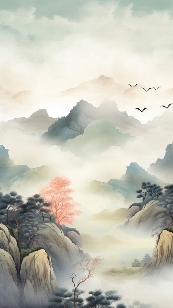 Chinese mountain nature outdoors plant fog. AI generated Image by rawpixel.