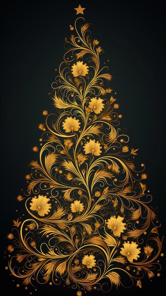 Decorated christmas tree pattern wallpaper gold. 