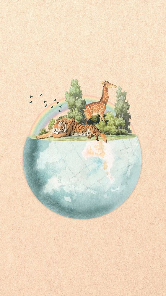 Wildlife globe rainbow iPhone wallpaper, vintage illustration. Remixed by rawpixel.