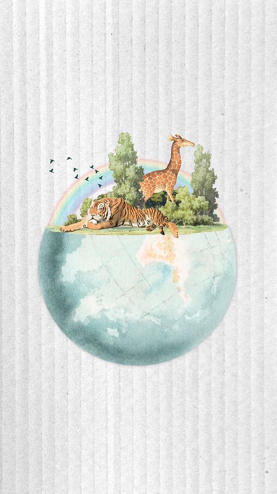 Wildlife globe rainbow iPhone wallpaper, vintage illustration. Remixed by rawpixel.