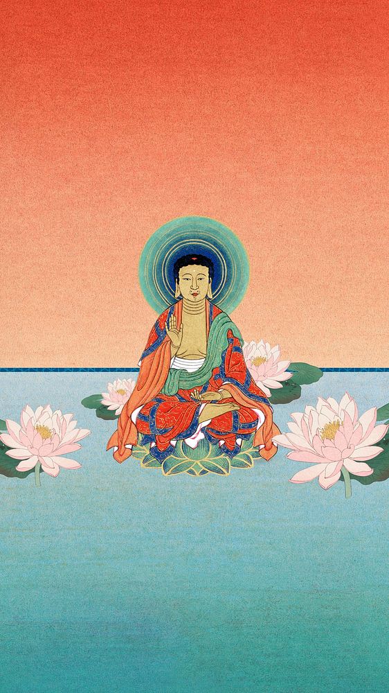 Sitting Buddha iPhone wallpaper, Japanese vintage illustration. Remixed by rawpixel.