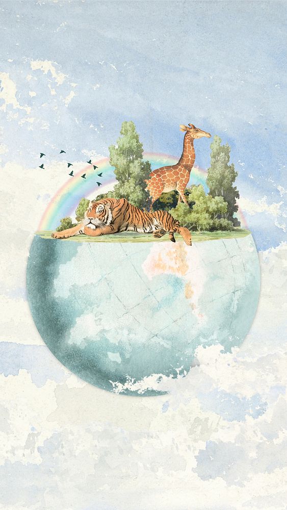 Wildlife globe iPhone wallpaper, vintage illustration. Remixed by rawpixel.