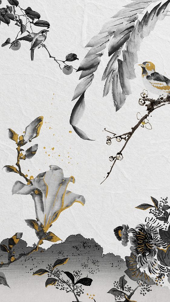 Japanese botanical  iPhone wallpaper, vintage illustration. Remixed by rawpixel.