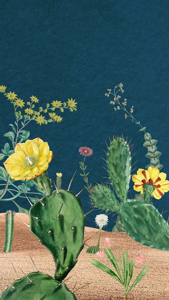 Wild cactus iPhone wallpaper, vintage illustration. Remixed by rawpixel.