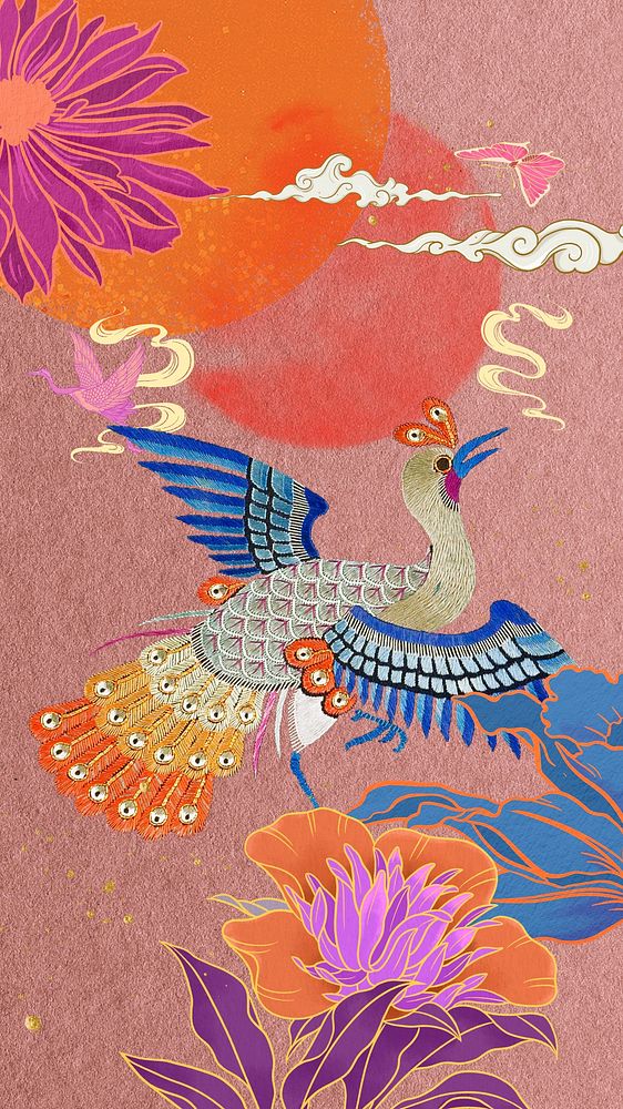 Japanese crane bird iPhone wallpaper, vintage illustration. Remixed by rawpixel.
