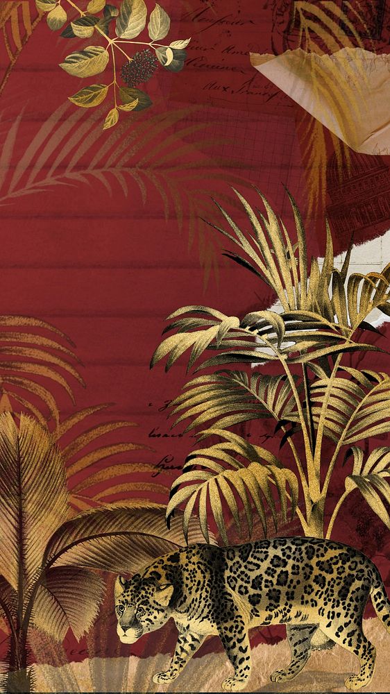 Golden jaguar iPhone wallpaper, vintage animal illustration. Remixed by rawpixel.
