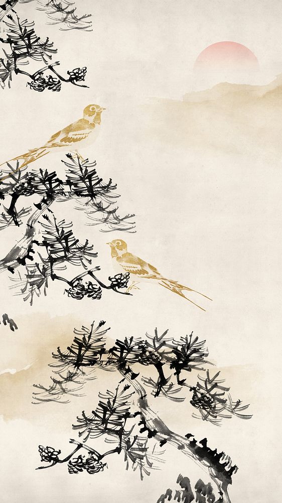 Japanese birds border  iPhone wallpaper, vintage illustration. Remixed by rawpixel.